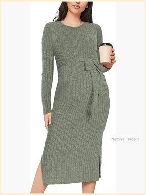 Rib Knit Maternity Sweater Dress Long Sleeve Slit Bodycon Midi Dress with Belt